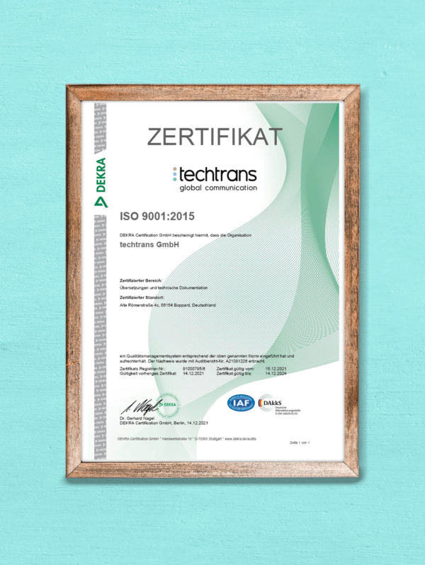 techtrans ist zertifiziert nach ISO 9001:2015